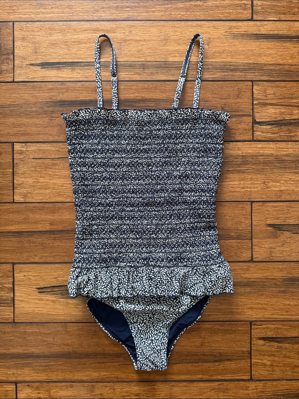 Tory Burch Navy Smocked One-Piece Swimsuit with Ruffle